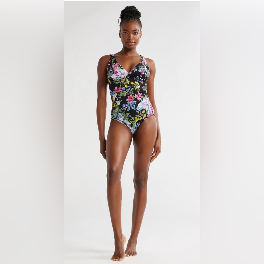 Time and Tru Plunge One Piece Swimsuit Swimwear Bathing Suit size medium